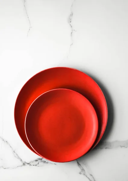 Empty Red Plate Marble Recipe Restaurant Mockup Flatlay Styled Concept — Stockfoto