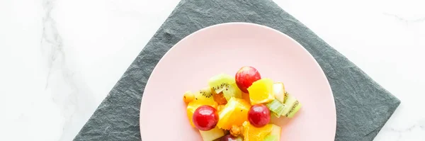 Jugosa Ensalada Frutas Para Desayuno Mármol Flatlay Dieta Estilo Vida —  Fotos de Stock