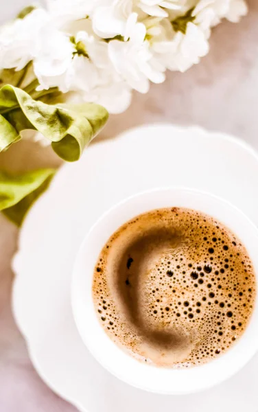 Vintage cup of flavored espresso, flatlay - perfect breakfast and feminine styled concept. I love my morning coffee