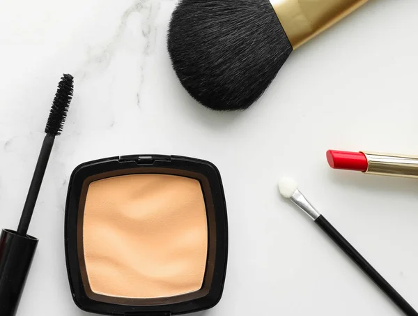 Make Cosmetica Marmer Flatlay Moderne Vrouwelijke Levensstijl Vlog Achtergrond Gestileerde — Stockfoto