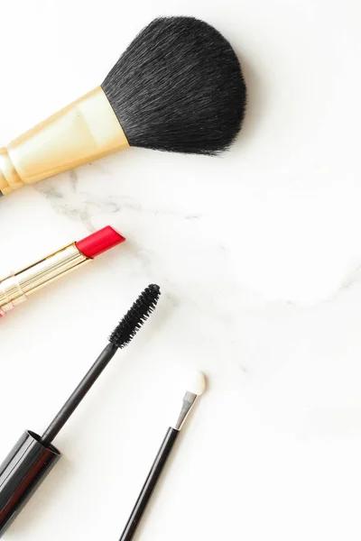 Trucco Cosmetici Marmo Flatlay Stile Vita Femminile Moderno Sfondo Vlog — Foto Stock