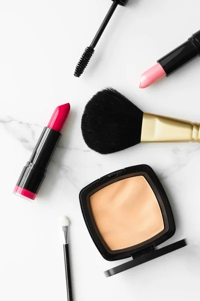 Make Cosmetica Marmer Flatlay Moderne Vrouwelijke Levensstijl Vlog Achtergrond Gestileerde — Stockfoto