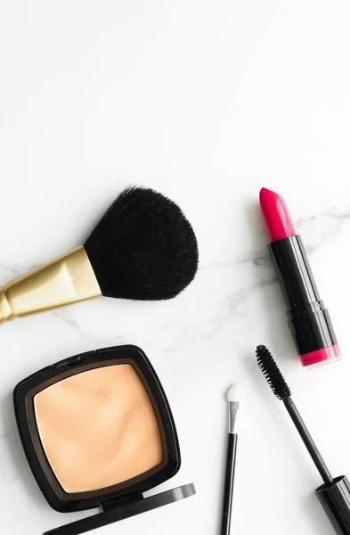 Make Cosmetica Marmer Flatlay Moderne Vrouwelijke Levensstijl Vlog Achtergrond Gestileerde — Stockfoto