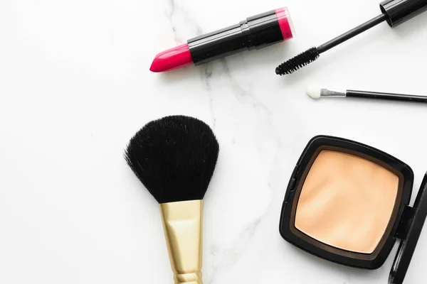 Make Cosmetica Marmer Flatlay Moderne Vrouwelijke Levensstijl Vlog Achtergrond Gestileerde — Stockfoto