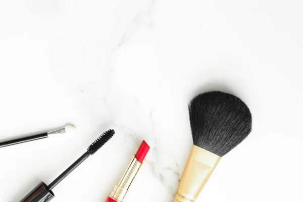 Make Cosmetica Marmer Flatlay Moderne Vrouwelijke Levensstijl Vlog Achtergrond Gestileerde — Stockfoto