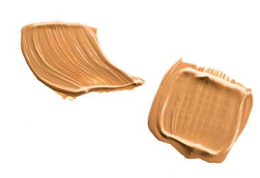 Beyaz arka plan üzerinde flatlay - kozmetik ürünleri, güzellik doku arka plan kavramı izole makyaj temel Vakfı fırça darbesi. Bej her zaman iyi bir fikirdir