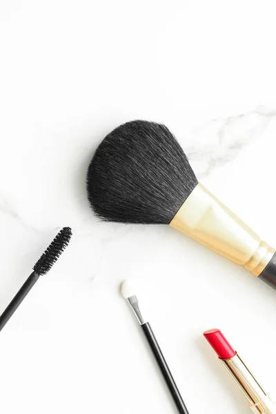 Trucco Cosmetici Marmo Flatlay Stile Vita Femminile Moderno Sfondo Vlog — Foto Stock