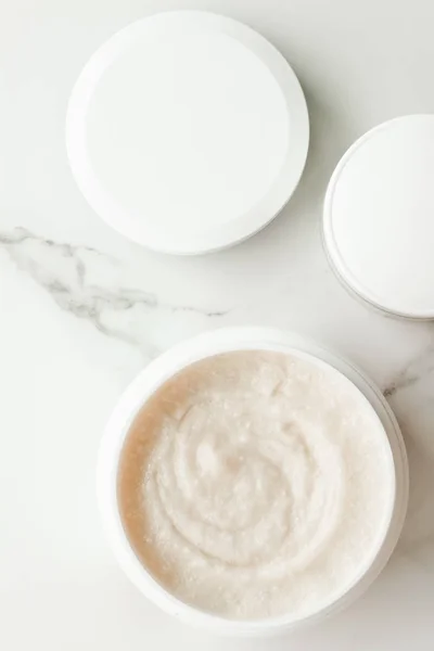 Scrub Exfoliating Cream Products Marble Flatlay Skincare Body Care Luxury — Stock Photo, Image