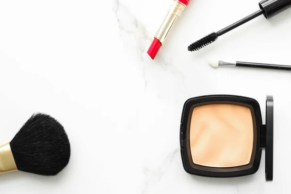 Make Cosmetica Marmer Flatlay Moderne Vrouwelijke Levensstijl Vlog Achtergrond Gestileerde — Stockfoto