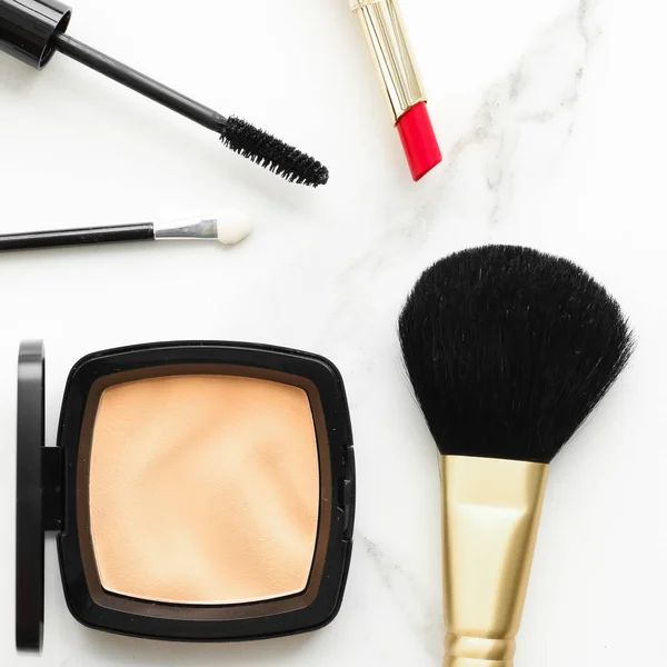 Make Cosmetica Marmer Flatlay Moderne Vrouwelijke Levensstijl Vlog Achtergrond Gestileerde — Stockfoto