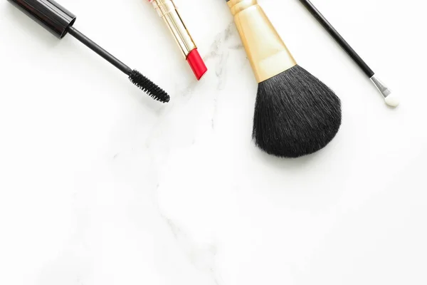 Trucco Cosmetici Marmo Flatlay Stile Vita Femminile Moderno Sfondo Vlog — Foto Stock