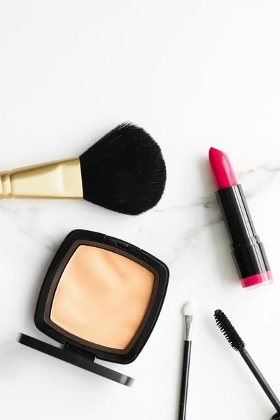 Make Cosmetica Marmer Flatlay Moderne Vrouwelijke Levensstijl Vlog Achtergrond Gestileerde — Stockfoto