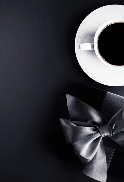 Luxury coffee brand, cup and gift box on black flatlay backgroun