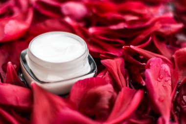 Kırmızı çiçek yaprakları ve WA Hassas Cilt Bakımı nemlendirici krem