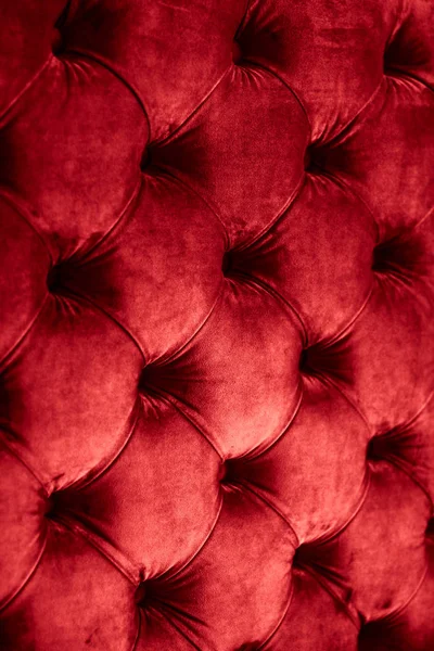 Rode luxe velours gewatteerde sofa bekleding met knoppen, elegante — Stockfoto