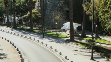 Yunanistan 'da yaz aylarında yol ve palmiye ağaçları boş, seyahat ve geziler
