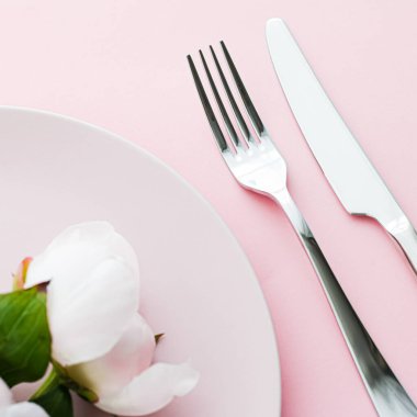Pembe arka planda şakayık çiçekli yemek tabağı ve çatal bıçak seti. Etkinlik dekorasyonu ve menü markalaşması için en üst masa takımı.