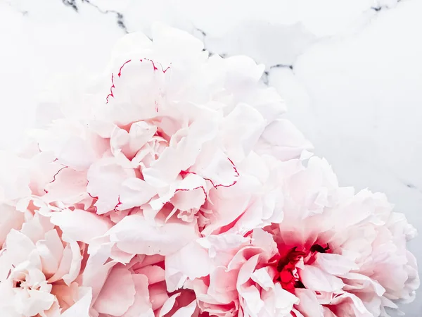 Buquê de flores de peônia em fundo de mármore de luxo, flatlay de casamento e marca de evento — Fotografia de Stock