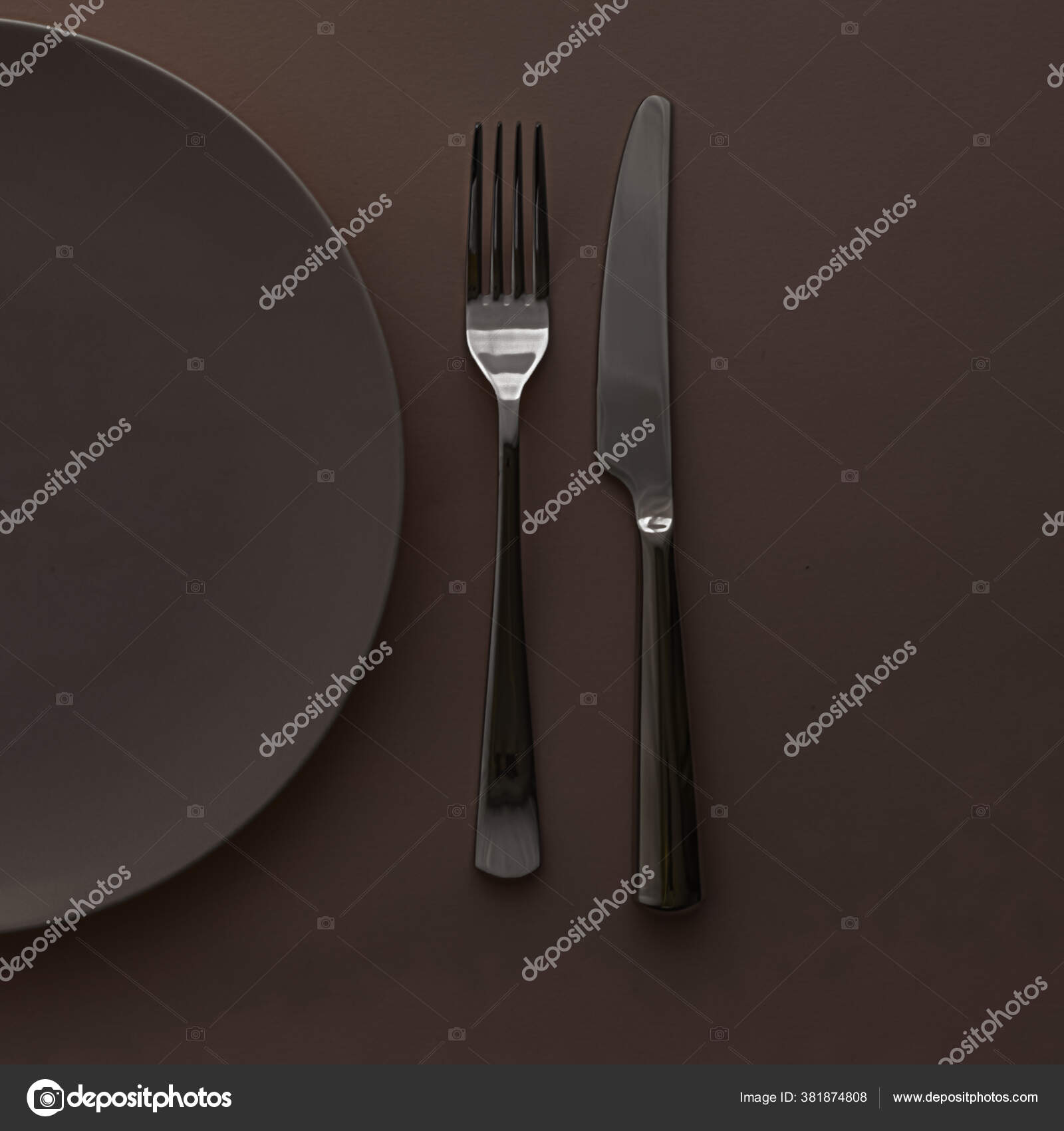 Download Empty Plate And Cutlery As Mockup Set On Dark Brown Background Top Tableware For Chef Table Decor And Menu Branding Stock Photo Image By C Anneleven 381874808