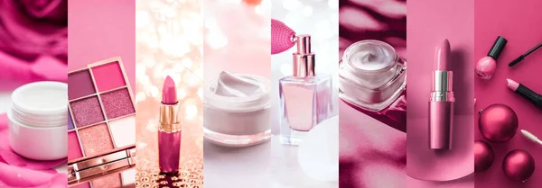 粉红美容横幅拼贴，适用于豪华化妆品、护肤及化妆品品牌、迷人背景及节日设计 — 图库照片