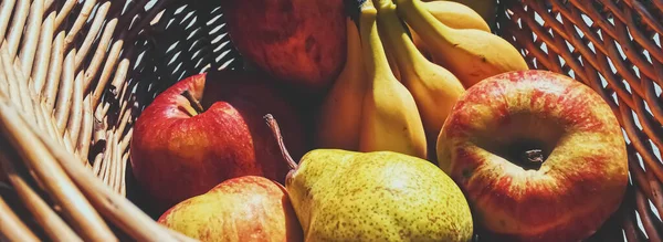 Органические яблоки, груши и бананы на деревенском в плетеной корзине — стоковое фото