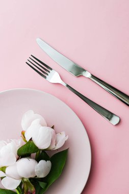 Pembe arka planda şakayık çiçekli yemek tabağı ve çatal bıçak seti. Etkinlik dekorasyonu ve menü markalaşması için en üst masa takımı.