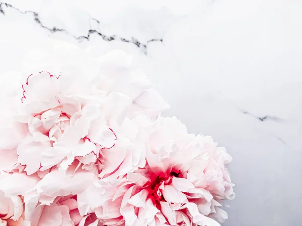 Buquê de flores de peônia em fundo de mármore de luxo, flatlay de casamento e marca de evento — Fotografia de Stock