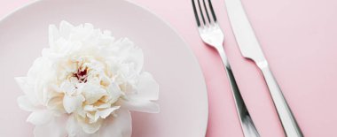 Pembe arka planda şakayık çiçekli yemek tabağı ve çatal bıçak seti. Etkinlik dekorasyonu ve tatlı menüsü için sofra takımı.