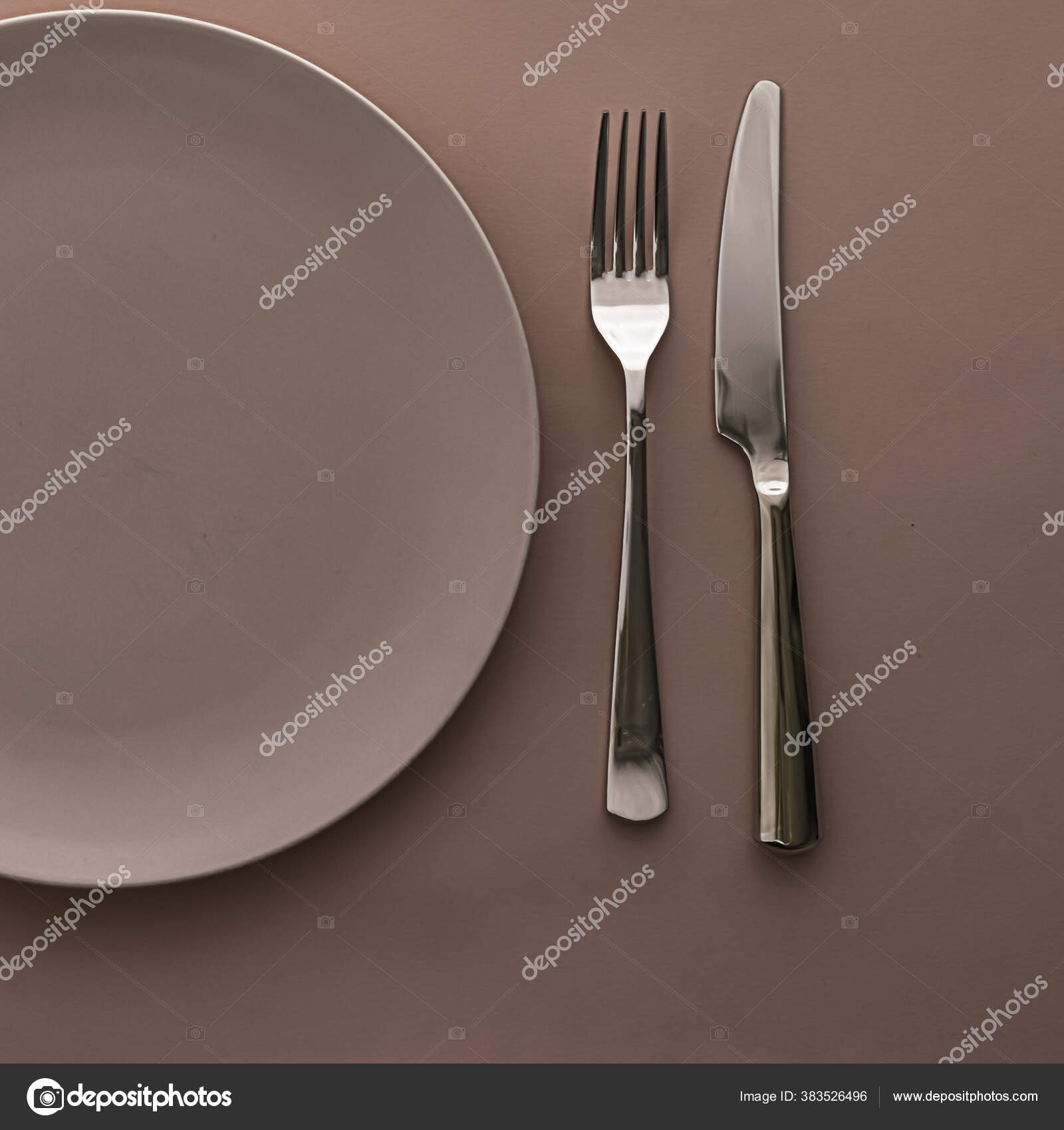 Download Empty Plate And Cutlery As Mockup Set On Brown Background Top Tableware For Chef Table Decor And Menu Branding Stock Photo Image By C Anneleven 383526496