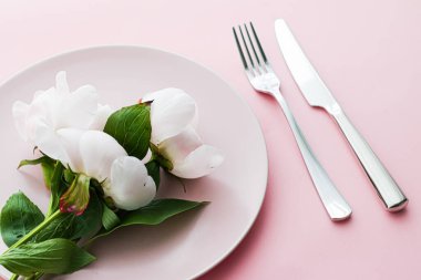 Pembe arka planda şakayık çiçekli yemek tabağı ve çatal bıçak seti. Etkinlik dekorasyonu ve menü markalaşması için en üst masa takımı.