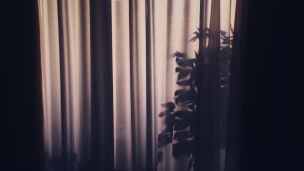柔らかい高級生地で作られた日没の窓カーテン、家の装飾とインテリアデザイン — ストック動画
