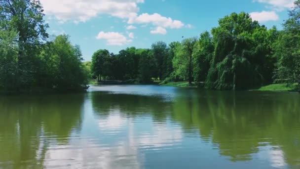 湖の景色、緑の木々や自然、風景や自然環境として青空 — ストック動画