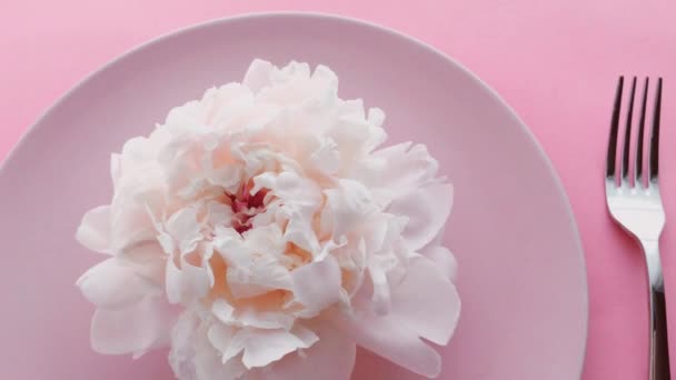 Pink table setting with peony flowers on plate and silverware for luxury dinner party, wedding or birthday celebration — Stock Video