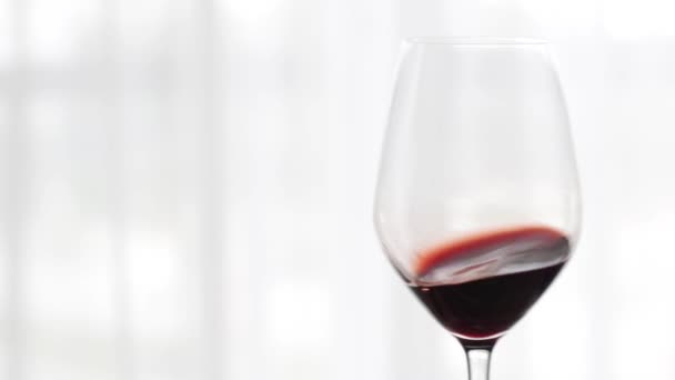 Şarap tatma etkinliğinde bir bardak kırmızı şarap, alkolün ve alkolün arka planı olarak bayram içkisi ve aperatif. — Stok video