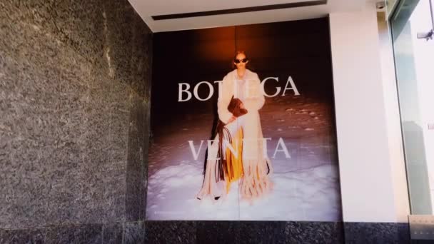 Publicidad de Botega Veneta exhibida en tienda boutique, marca de moda y artículos de cuero y experiencia de compras de lujo — Vídeos de Stock