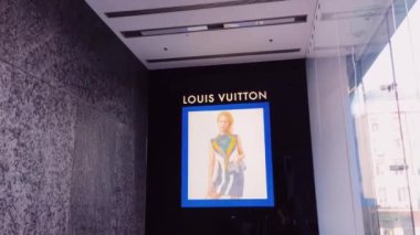 Louis Vuitton reklamları butik mağazasında sergileniyor. Moda ve deri ürünleri markası ve lüks alışveriş deneyimi.