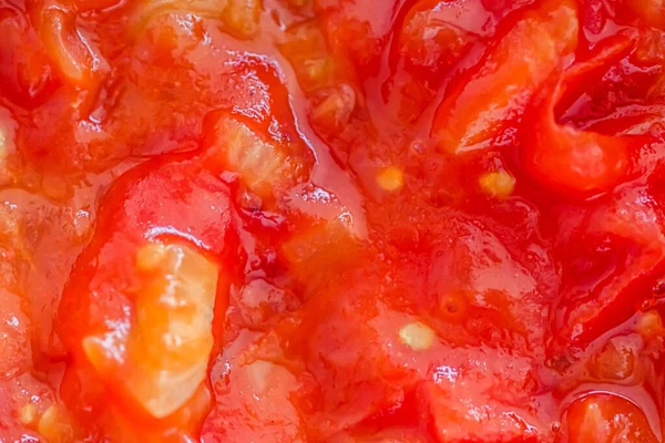 Kook tomatensaus, close-up gestoomde groenten voor kookboek of voedsel blog achtergrond — Stockfoto