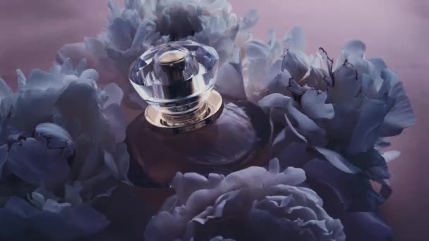 Frasco de perfume púrpura con flores de peonía, aroma de fragancia elegante como cosmético de lujo, fondo de productos de moda y belleza — Vídeos de Stock