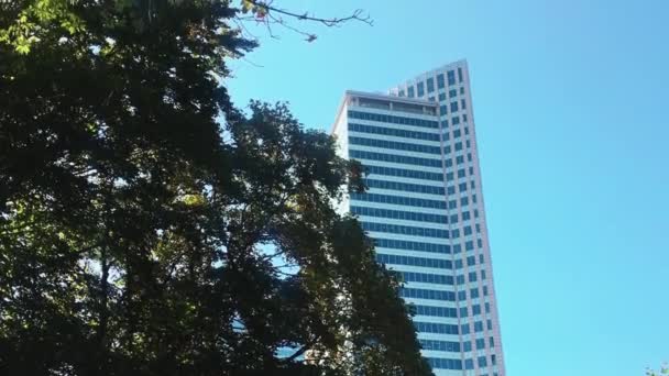 Mrakodrapy a modré nebe ve finanční a obchodní čtvrti, pohled na moderní město v centru