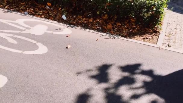 Cartel de bicicleta en la ciudad moderna, cartel de bicicleta en una calle — Vídeo de stock