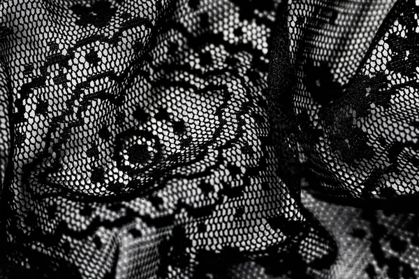 Černá krajka textura, tkaniny a textilní pozadí — Stock fotografie