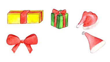 Noel ve yeni yıl boyalı öğeleri kümesi. Sulu boya kapağı, Hediyelik, yay.