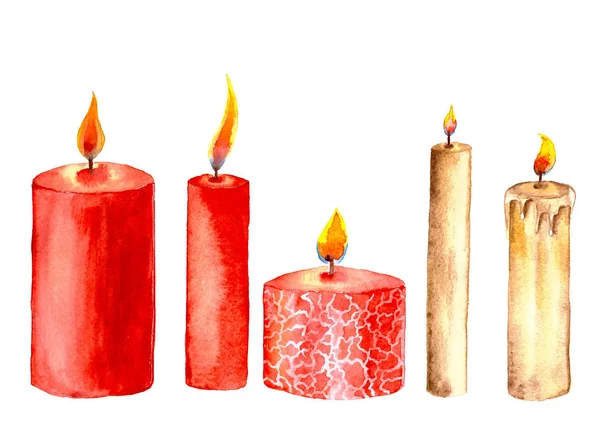 Set Watercolor Candles Christmas New Year White — Stock Photo, Image
