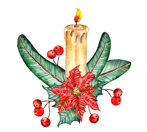 Aquarell Weihnachtskerze Mit Weihnachtsstern Fichtenzweig Und Beeren Auf Weiß — Stockfoto