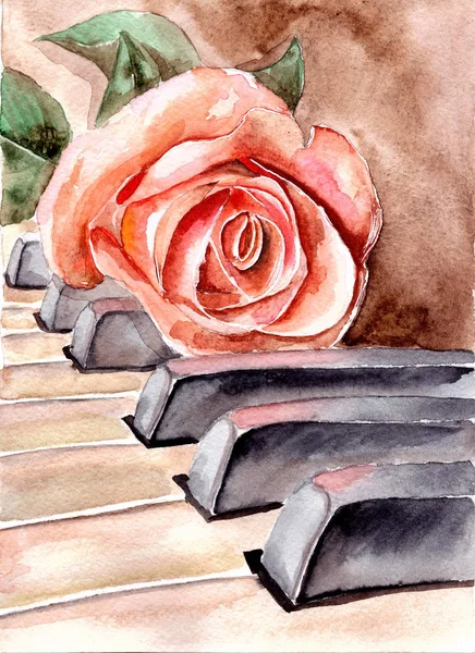 Rose on the piano. Watercolor flower. Painted rose.