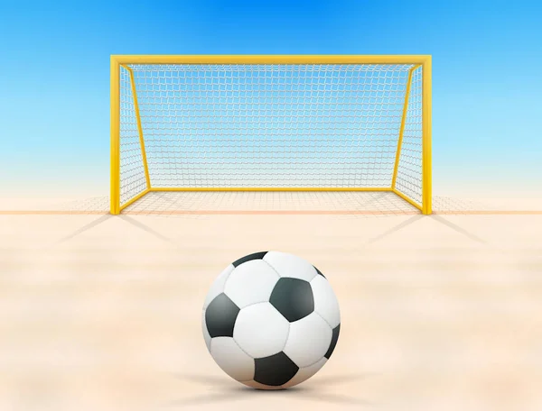 Soccer Ball Sand Field Front Goal Post Front View Beach — Stock Vector