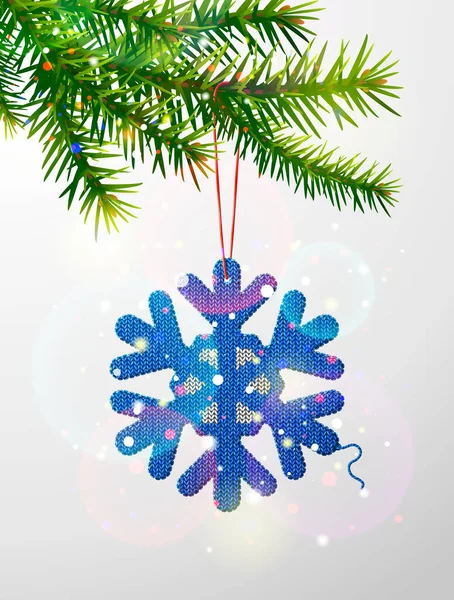 Christmas Tree Branch Knitted Snowflake Symbol Crocheted Snow Sign Hanging — Stock Vector