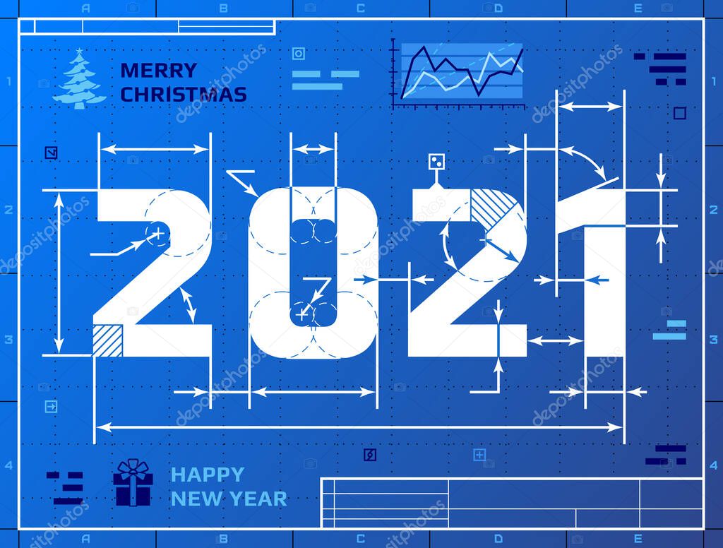 Card of New Year 2021 as blueprint drawing. Stylized drafting of 2021 on blueprint paper. Vector illustration for new years day, christmas, winter holiday, new years eve, engineering, silvester, etc