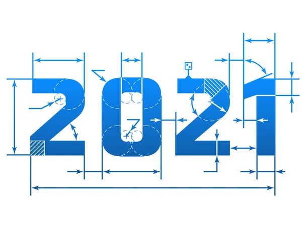 Nytt 2021 Nummer Med Dimensionslinjer Inslag Ritning Form 2021 Vektor — Stock vektor