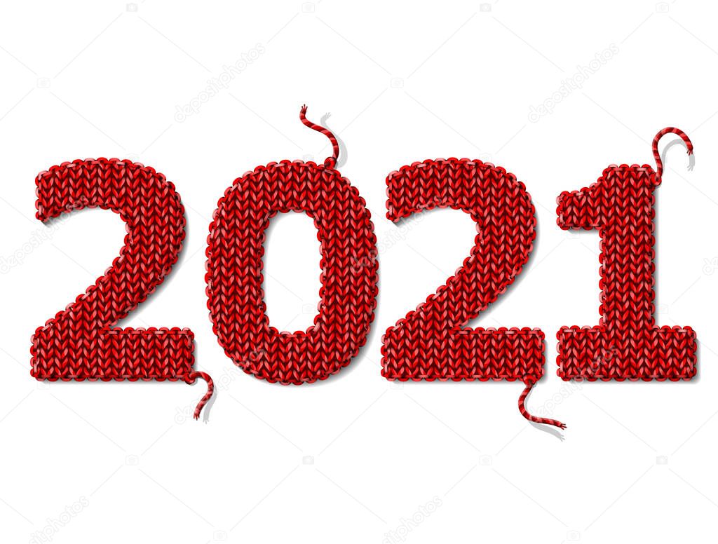 New Year 2021 of knitted fabric isolated on white background. Fragments of knitting in shape of number 2021. Vector design element for new years day, christmas, winter holiday, new years eve, silvester, etc